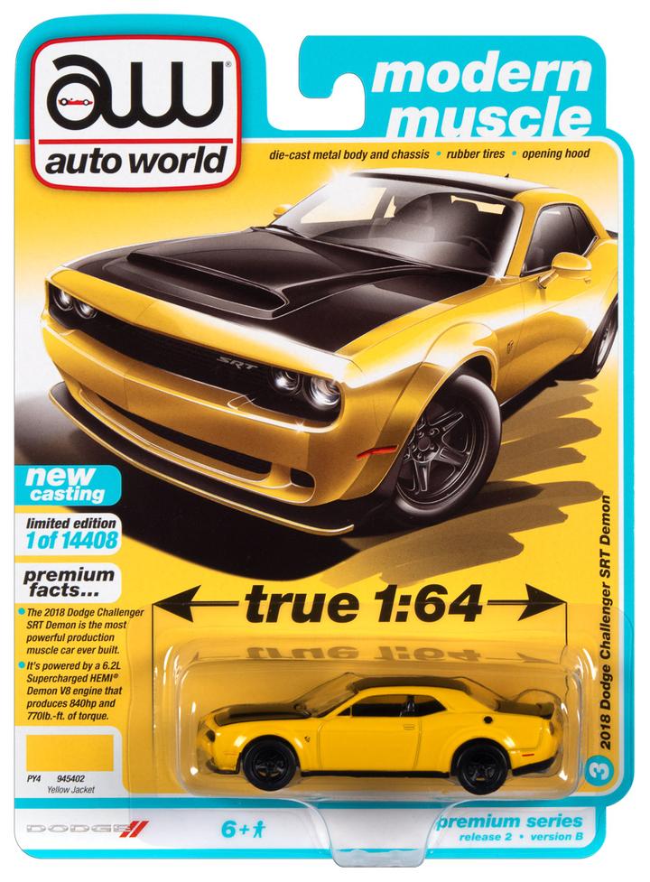 Auto World 2018 Dodge Challenger Demon Yellow Jacket w/Flat Black Hood 1/64