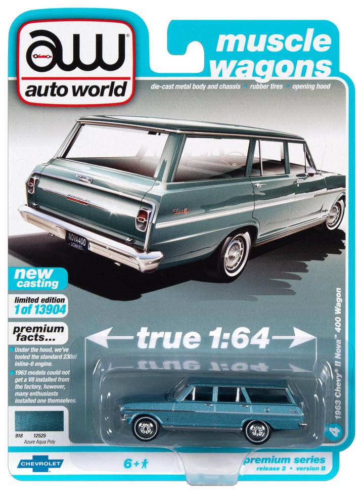 Auto World 1963 Chevy II Nova 400 Station Wagon Aqua 1:64