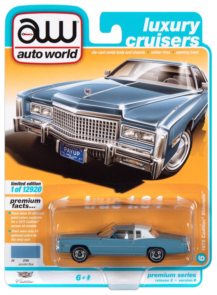 Auto World 1975 Cadillac Eldorado Jennifer Blue w/Flat White Roof Back Section 1/64