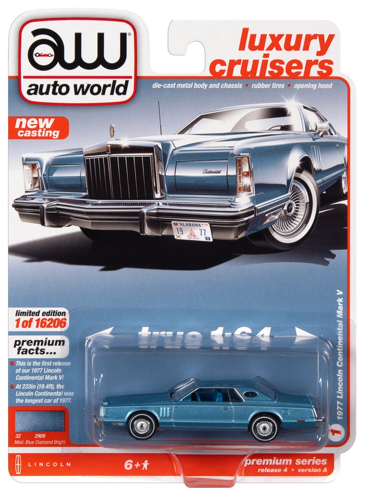 Auto World 1977 Lincoln Continental Coupe Mark V Med Blue Diamond Bright 1:64