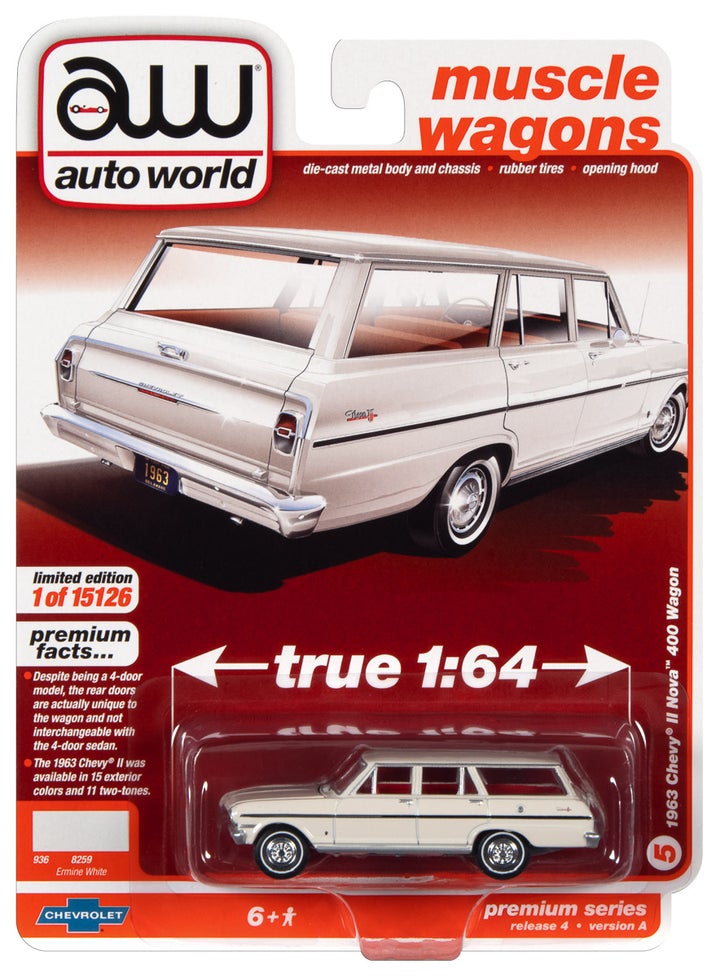 Auto World 1963 Chevy II Nova 400 Wagon Ermine White 1:64