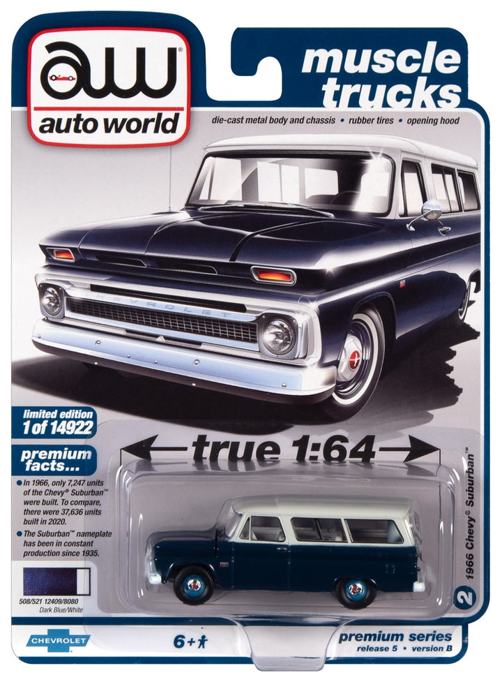 Auto World 1966 Chevy Suburban Dark Blue White 1:64