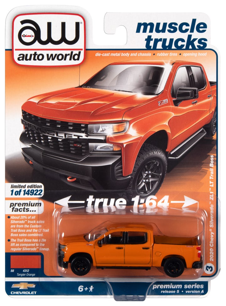 Auto World Muscle Trucks 2020 Chevy Silverado ZL1 LT Trail Boss Tangier Orange 1:64