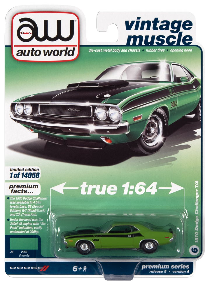 Auto World Vintage Muscle 1970 Dodge Challenger T/A Green Go 1:64