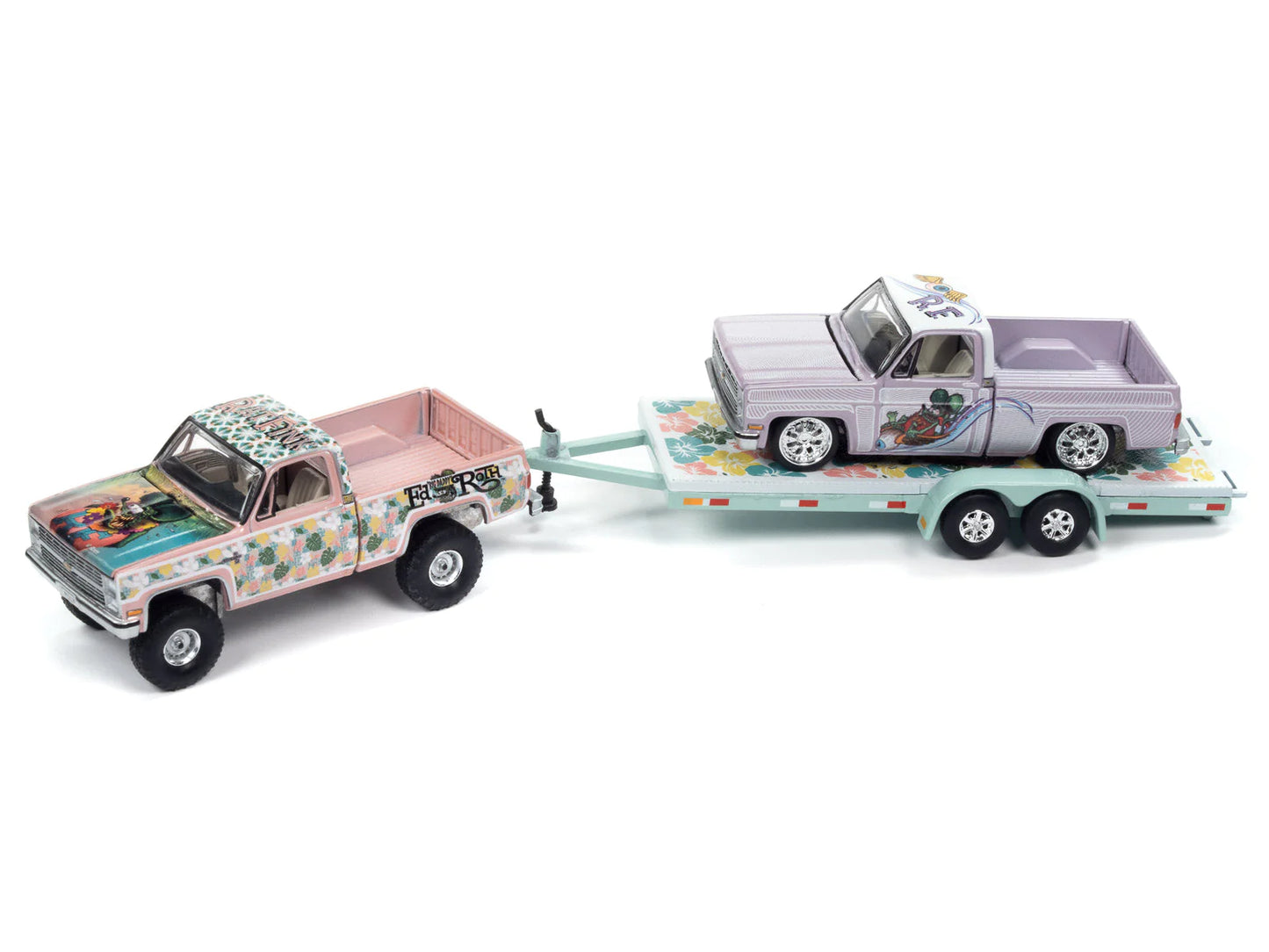 Auto World 2023 Las Vegas Convention Exclusives 1983 Chevrolet Silverado 10 Fleetside Lifted & Lowered with Trailer Rat Fink Purple White 1:64
