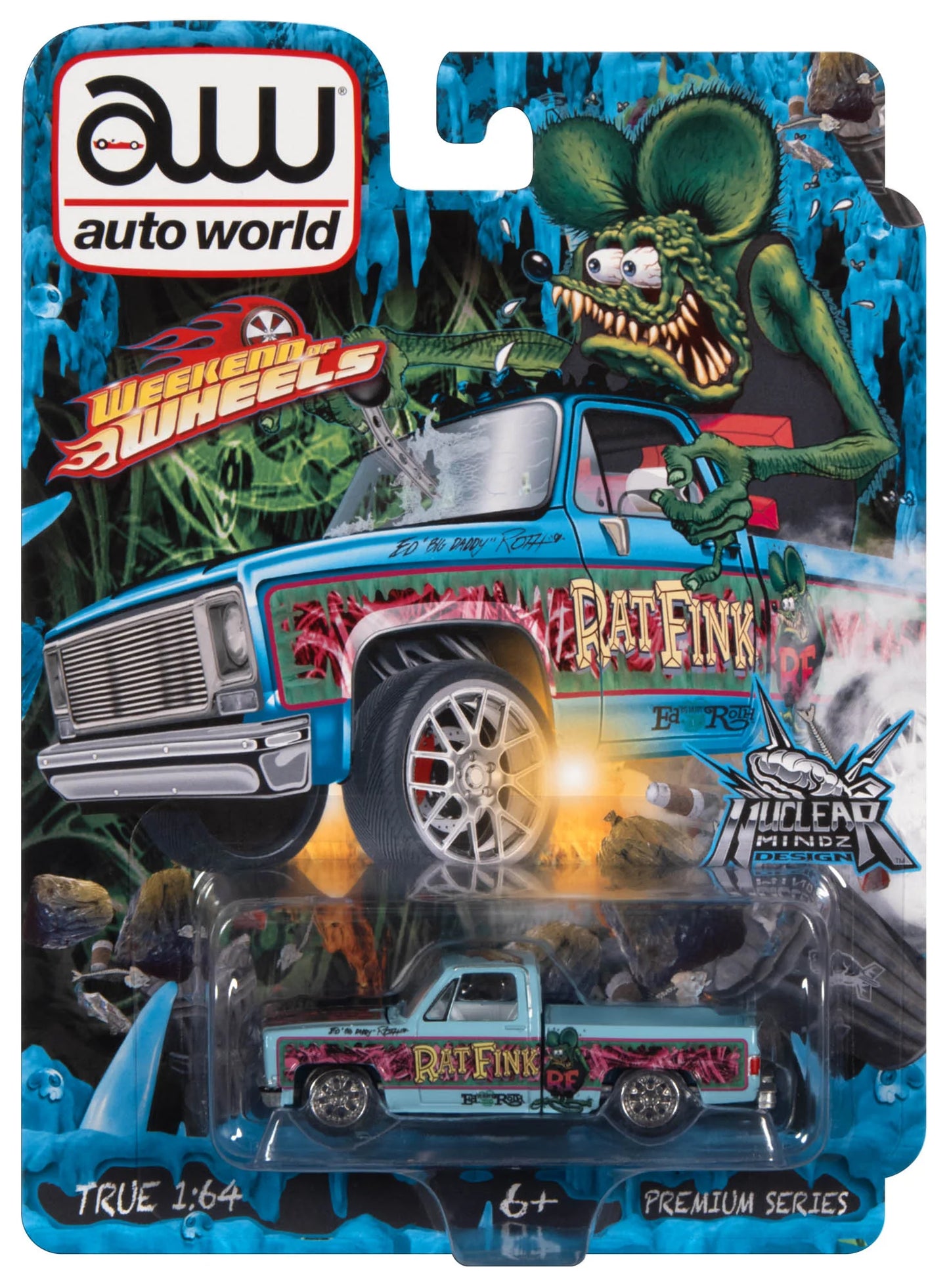 Auto World Weekend of Wheels Exclusives 1983 Chevrolet Silverado 10 Fleetside Baby Blue Rat Fink 1:64