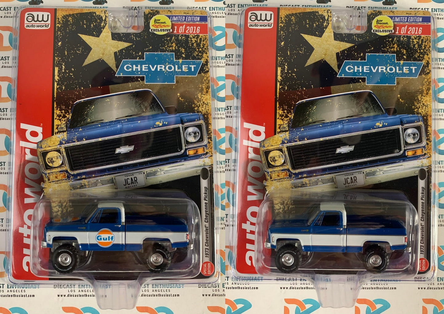 Auto World 1976 Chevrolet Cheyenne Pickup Clean & Gulf Texas Flag Pair 1:64