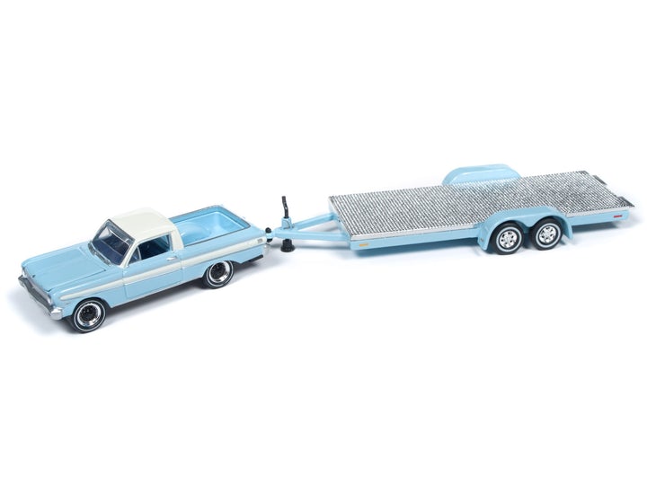Johnny Lightning Truck Trailer 1964 Ford Ranchero with Open Car Trailer Light Blue 1:64