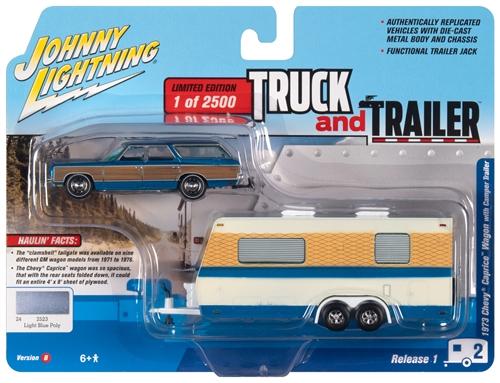 Johnny Lightning Truck Trailer 1973 Chevy Caprice Wagon with Camper Trailer  Blue 1:64