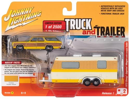 Johnny Lightning Truck Trailer 1973 Chevy Caprice Wagon with Camper Trailer  Yellow 1:64