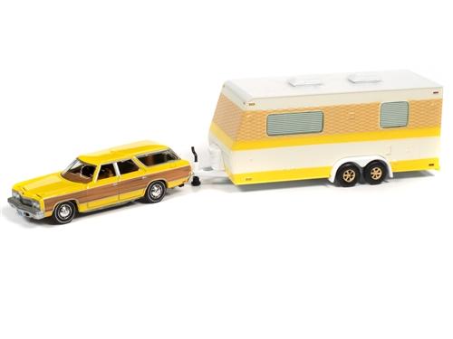 Johnny Lightning Truck Trailer 1973 Chevy Caprice Wagon with Camper Trailer Yellow 1:64
