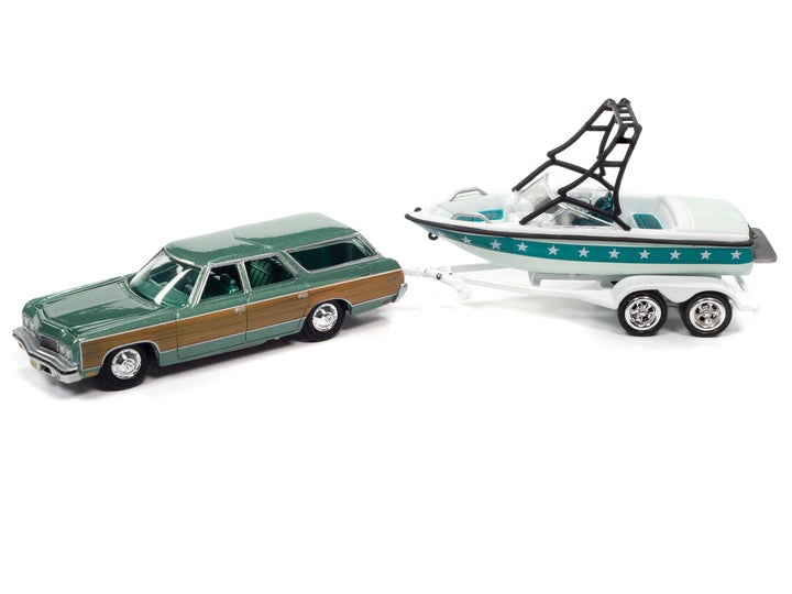 Johnny Lightning Hulls & Haulers 1973 Chevy Caprice with Boat & Trailer Light Green Poly 1:64