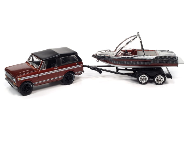 Johnny Lightning Hulls & Haulers 1979 International Scout II with Boat & Trailer Tahitian Red 1:64