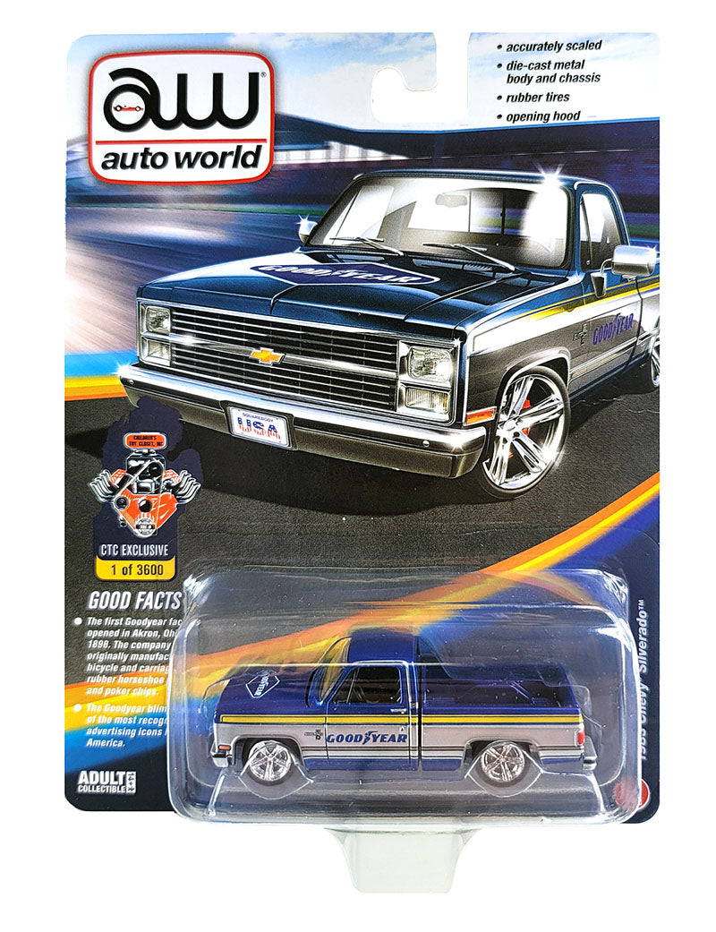Auto World CTC Exclusives 1983 Chevy Silverado Goodyear Blue Silver 1:64