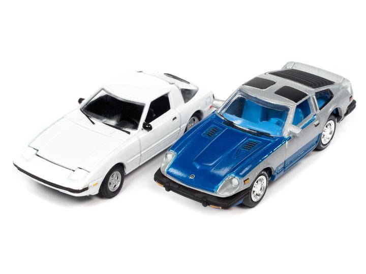 Johnny Lightning Import Heat 1982 Mazda RX-7 White & 1981 Datsun 280ZX Silver 1:64