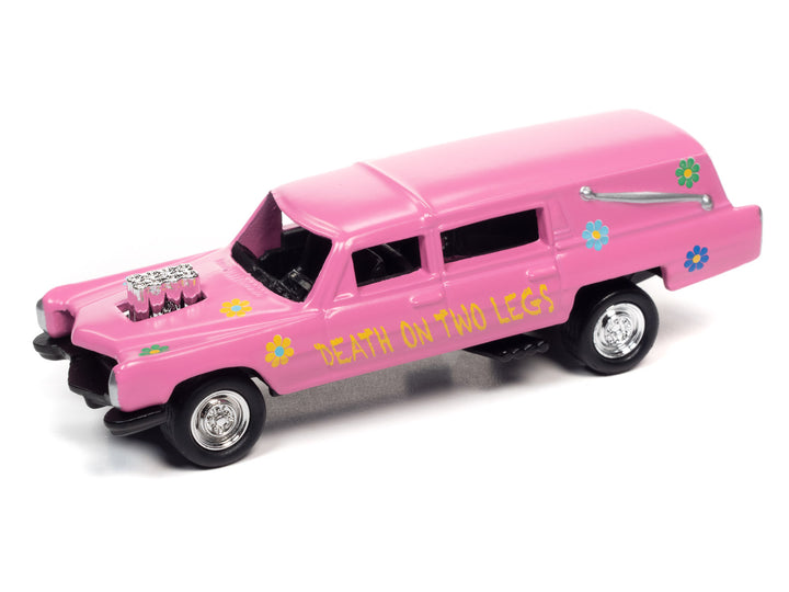 Johnny Lightning Demolition Derby Custom Haulin' Hearse Flat Strawberry Pink 1:64
