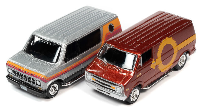 Johnny Lightning Boogie Van 1977 Ford Cruisin Van Silver & 1976 Dodge Street Van Brown 1:64