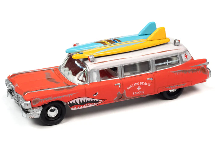 Johnny Lightning Surf Shark 1959 Cadillac Ambulance Malibu Beach Rescue Orange 1:64