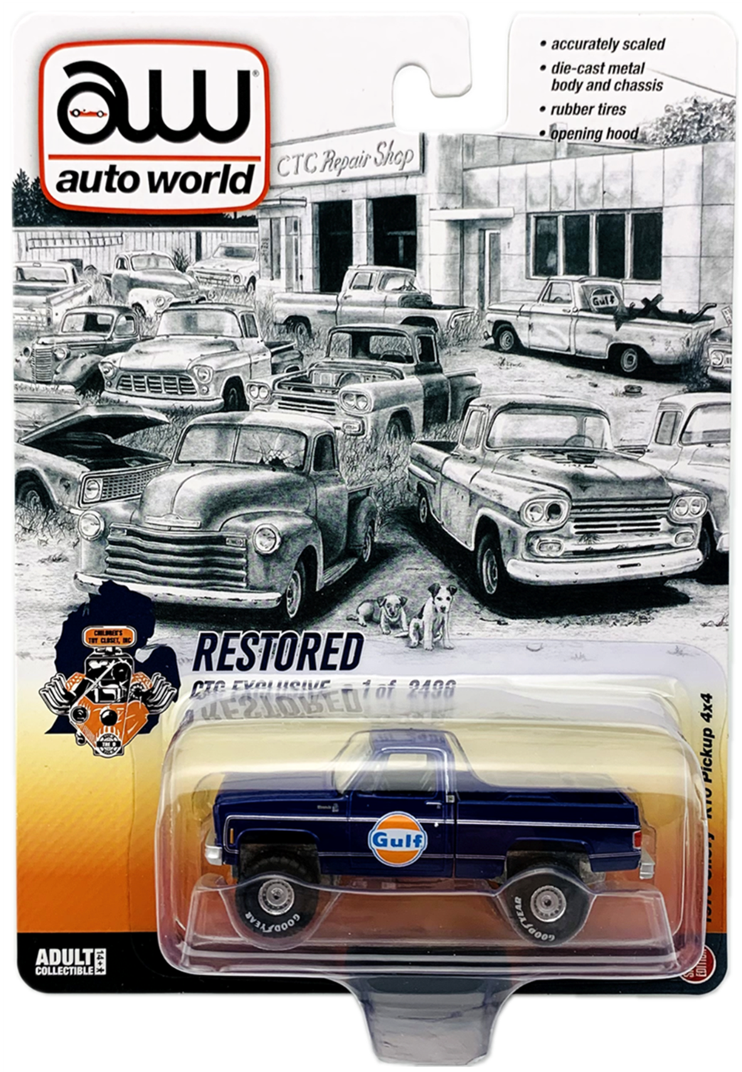 Auto World CTC Exclusives 1978 Chevy K10 Pickup 4x4 Gulf Restored Navy Blue 1:64