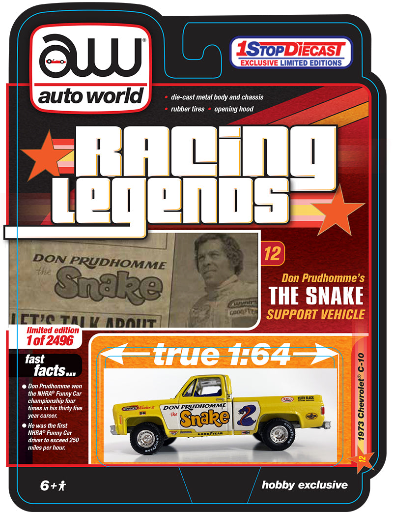 Auto World Exclusives Racing Legends Don Prudhomme The Snake 1973 Chevrolet Cheyenne C10 Yellow 1:64