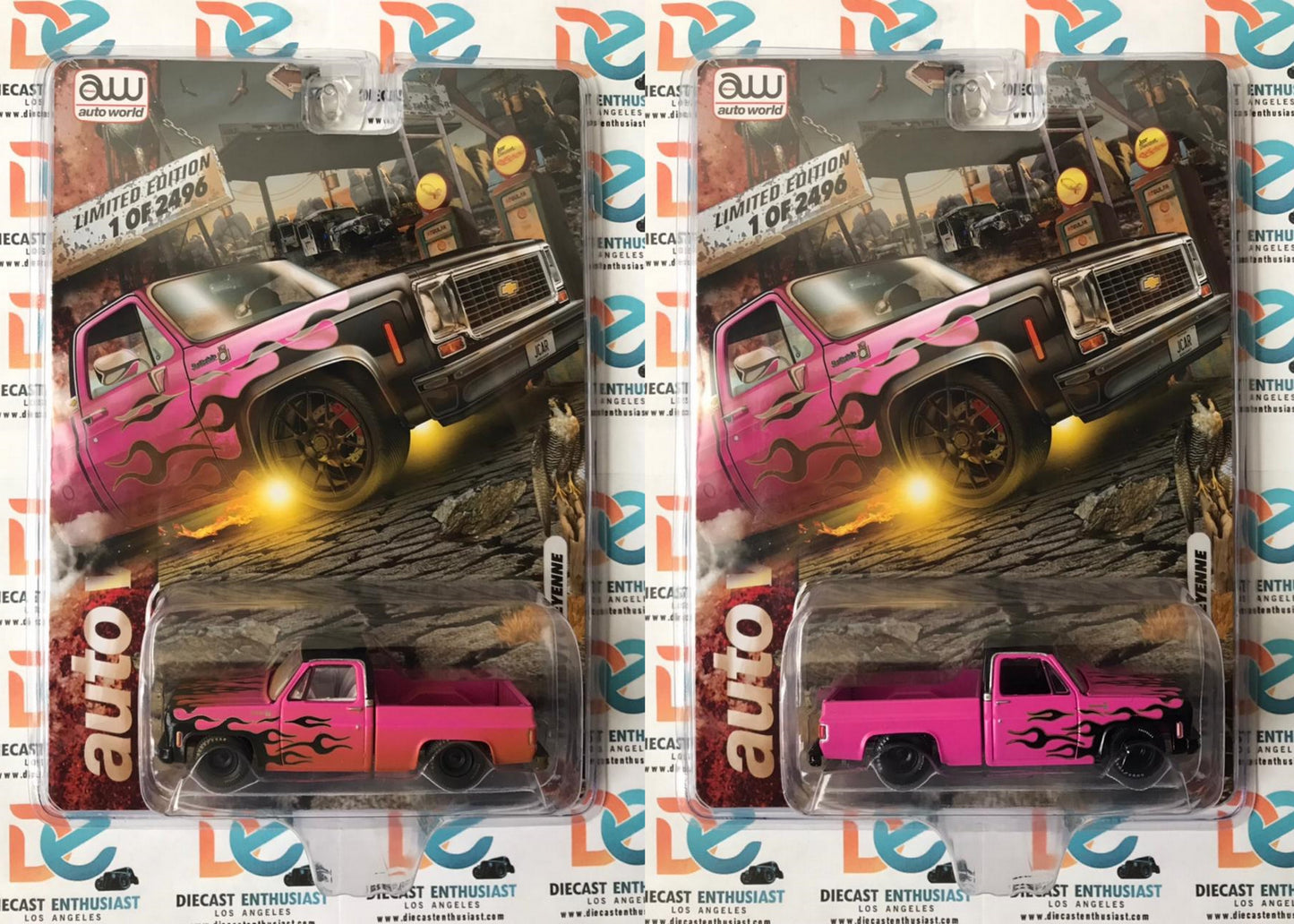Auto World Jcar Exclusive 1976 Chevrolet Cheyenne Pink Flame Pair 1:64