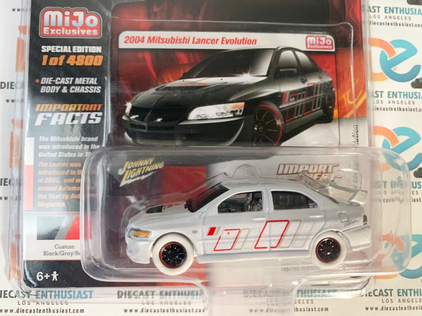 CHASE WHITE LIGHTNING Johnny Lightning Mijo Exclusives Ralli Art 2004 Mitsubishi Lancer Evolution Custom Black Gray Red 1:64