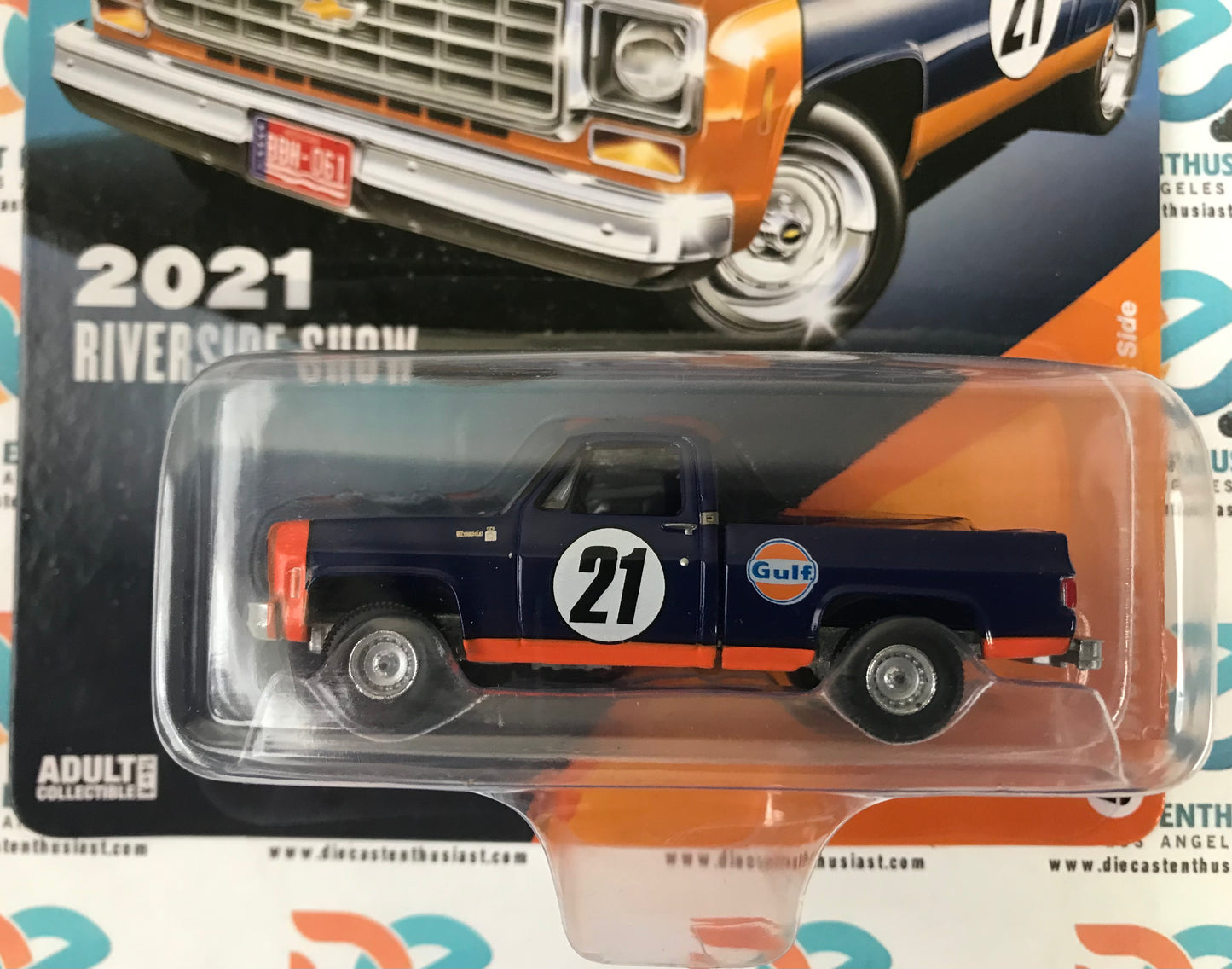 Auto World Diecastz Exclusives 2021 Riverside Show 1976 Chevy Cheyenne Fleetside Gulf Deep Blue 1:64