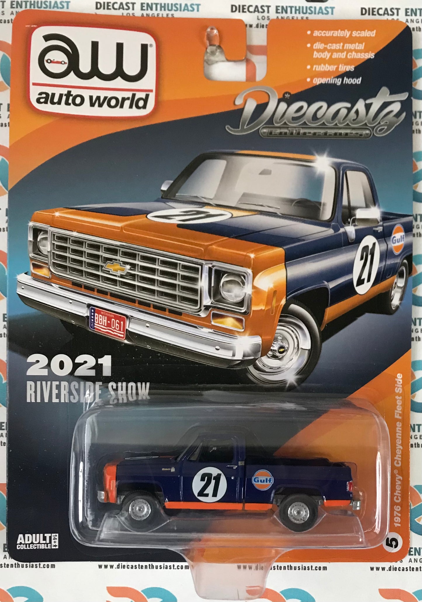 Auto World Diecastz Exclusives 2021 Riverside Show 1976 Chevy Cheyenne Fleetside Gulf Deep Blue 1:64