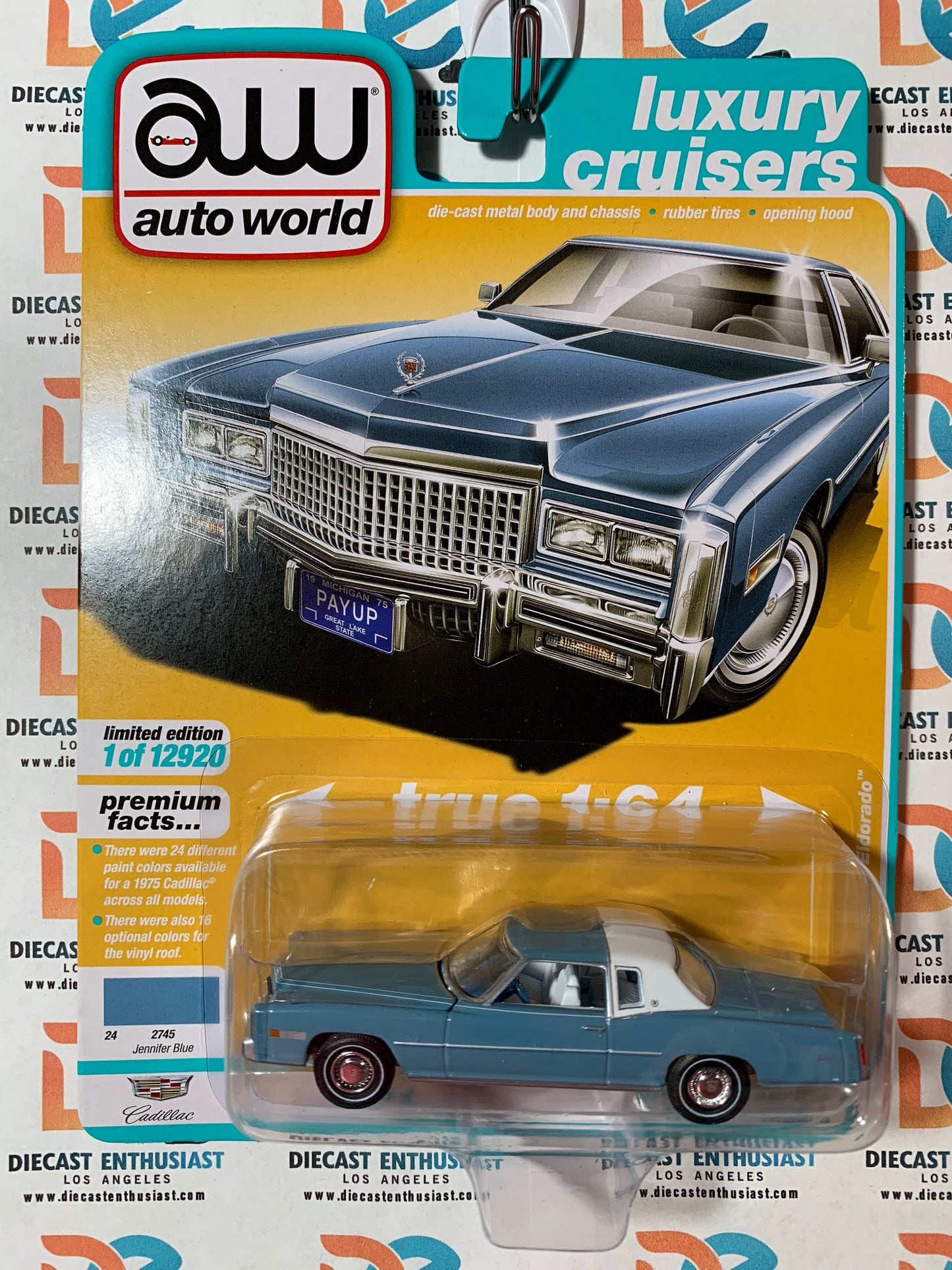 Auto World 1975 Cadillac Eldorado Jennifer Blue w/Flat White Roof Back Section 1/64
