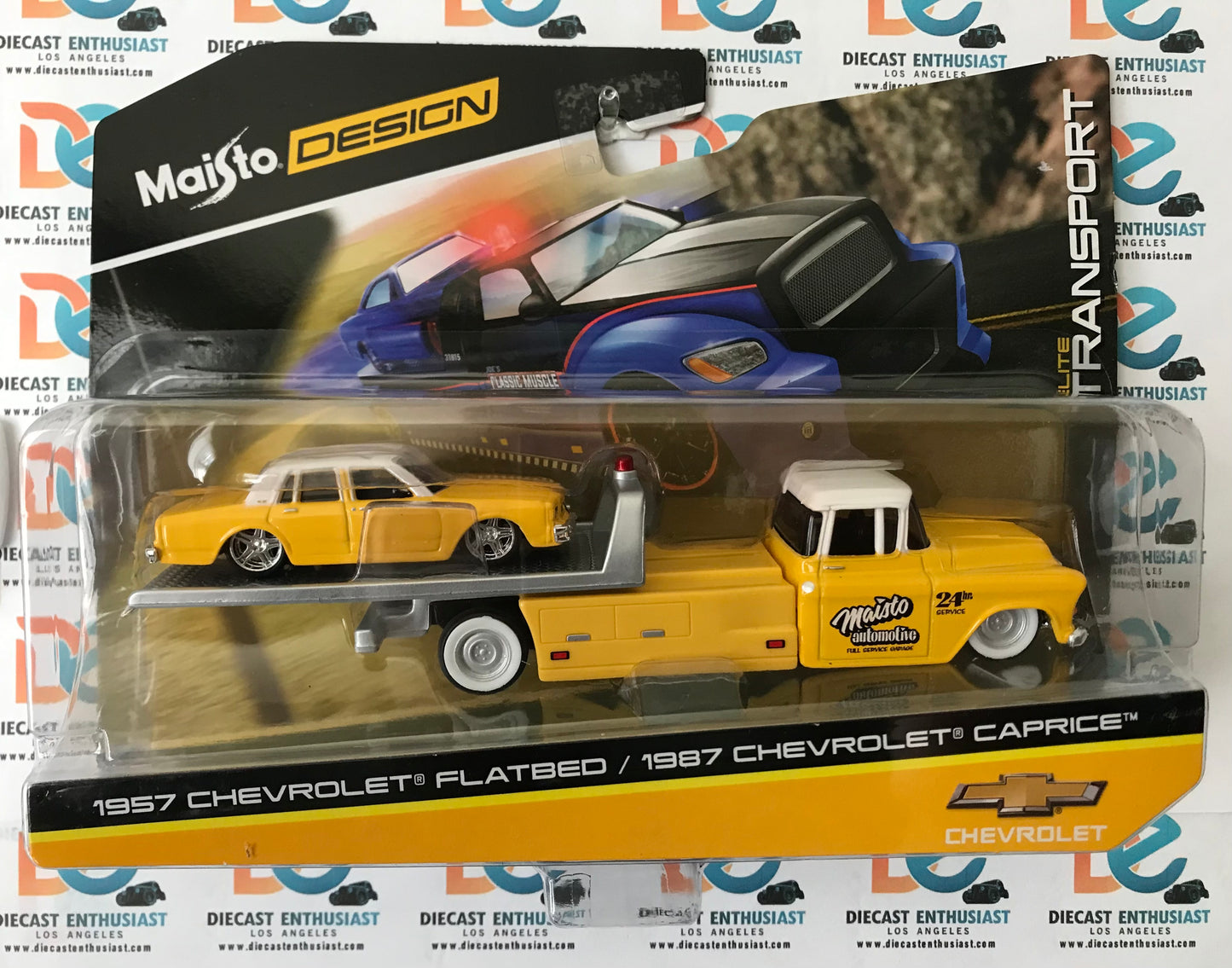 Maisto Elite Transport 1957 Chevrolet Faltbed with 1987 Chevrolet Caprice Yellow 1:64