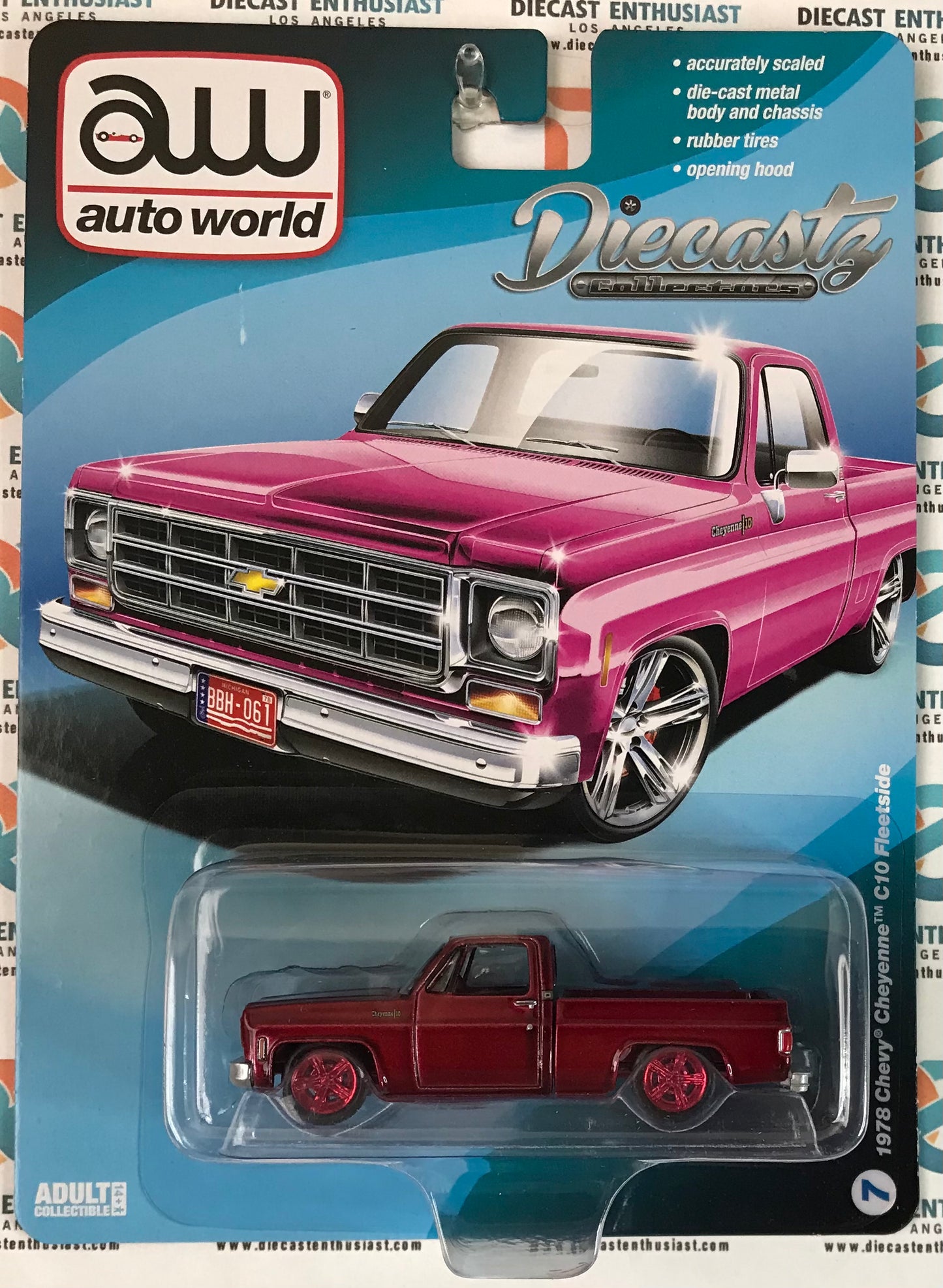 CHASE Auto World Diecastz Exclusives 1978 Chevy Cheyenne C10 Fleetside Pink 1:64