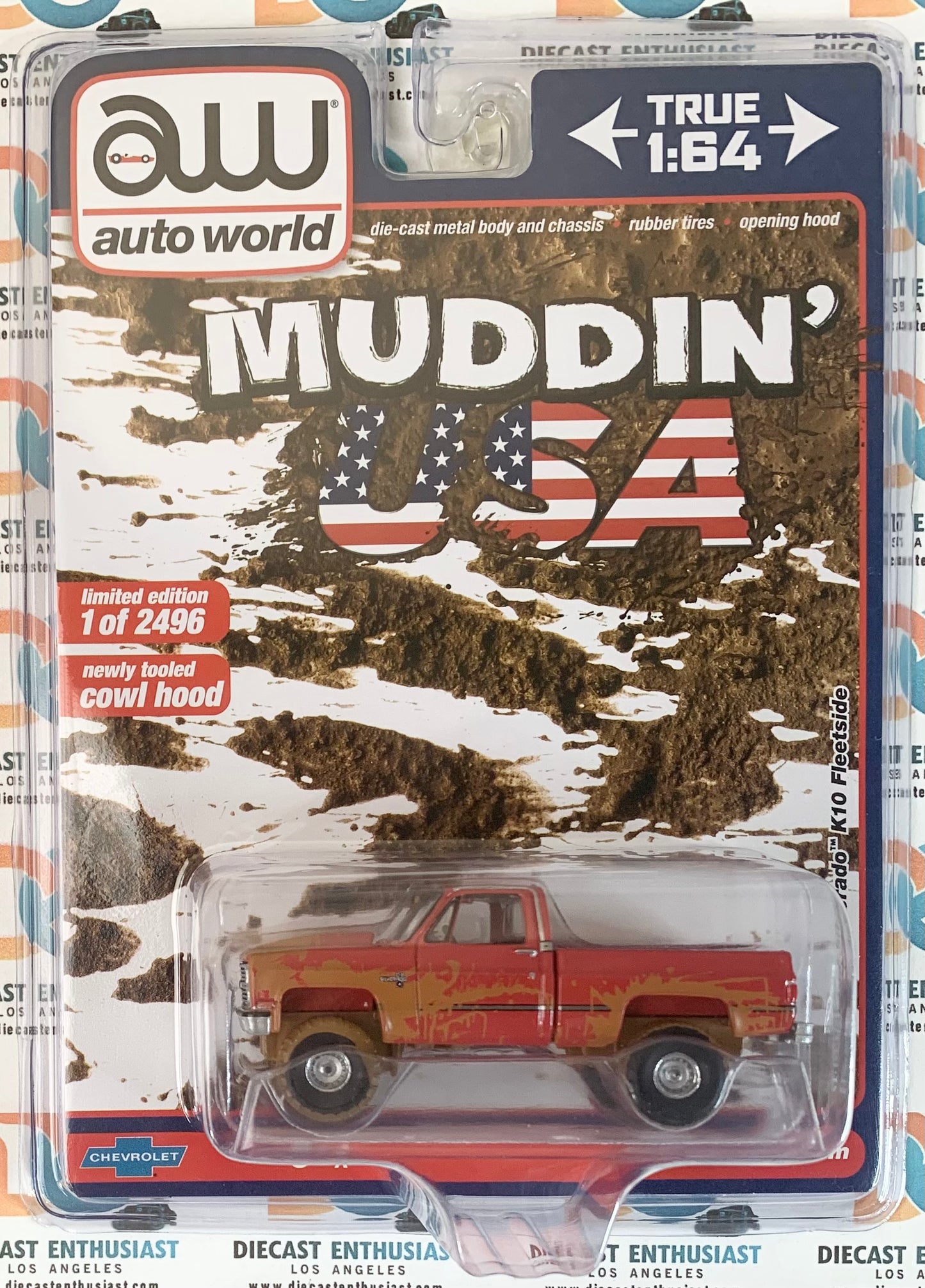 Auto World Exclusives Muddin' USA 1983 Chevy Silverado K10 Fleetside Red Orange 1:64