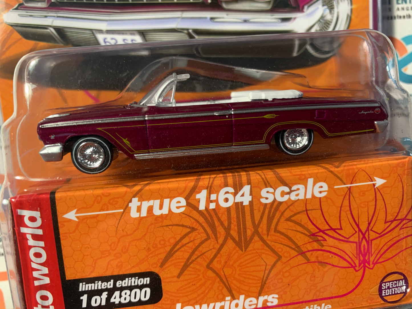 Auto World Mijo Exclusive Custom Lowriders 1962 Chevy Impala Convertible Plum 1:64