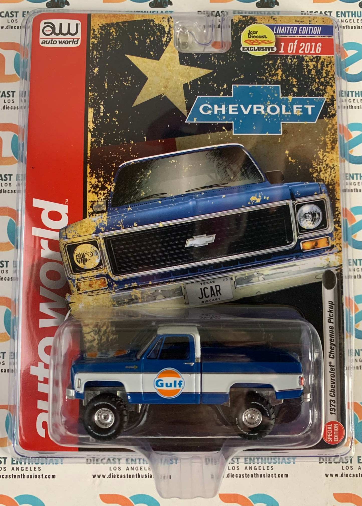 Auto World 1976 Chevrolet Cheyenne Pickup Clean & Gulf Texas Flag Pair 1:64