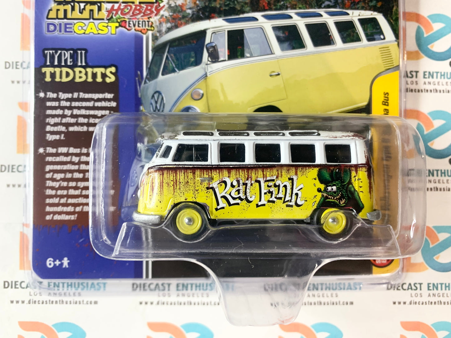 Johnny Lightning Malaya Mini CS Customs Exclusives 1965 Volkswagen Type II Samba Bus Rat Fink Yellow 1:64