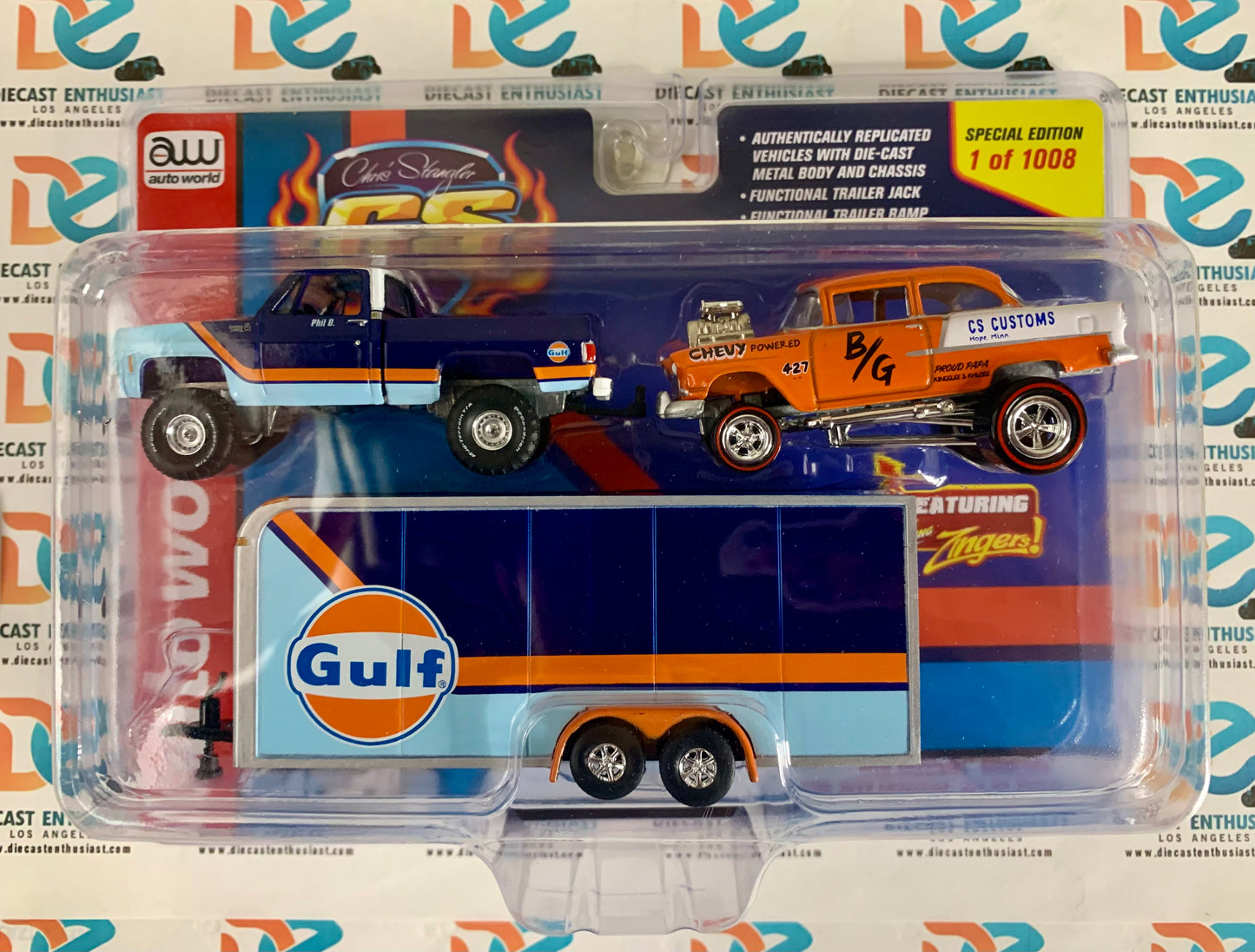 Auto World Chevy Silverado 4X4 Enclosed Trailer Gulf Oil with Zinger 55 Chevy Gasser Orange 1:64