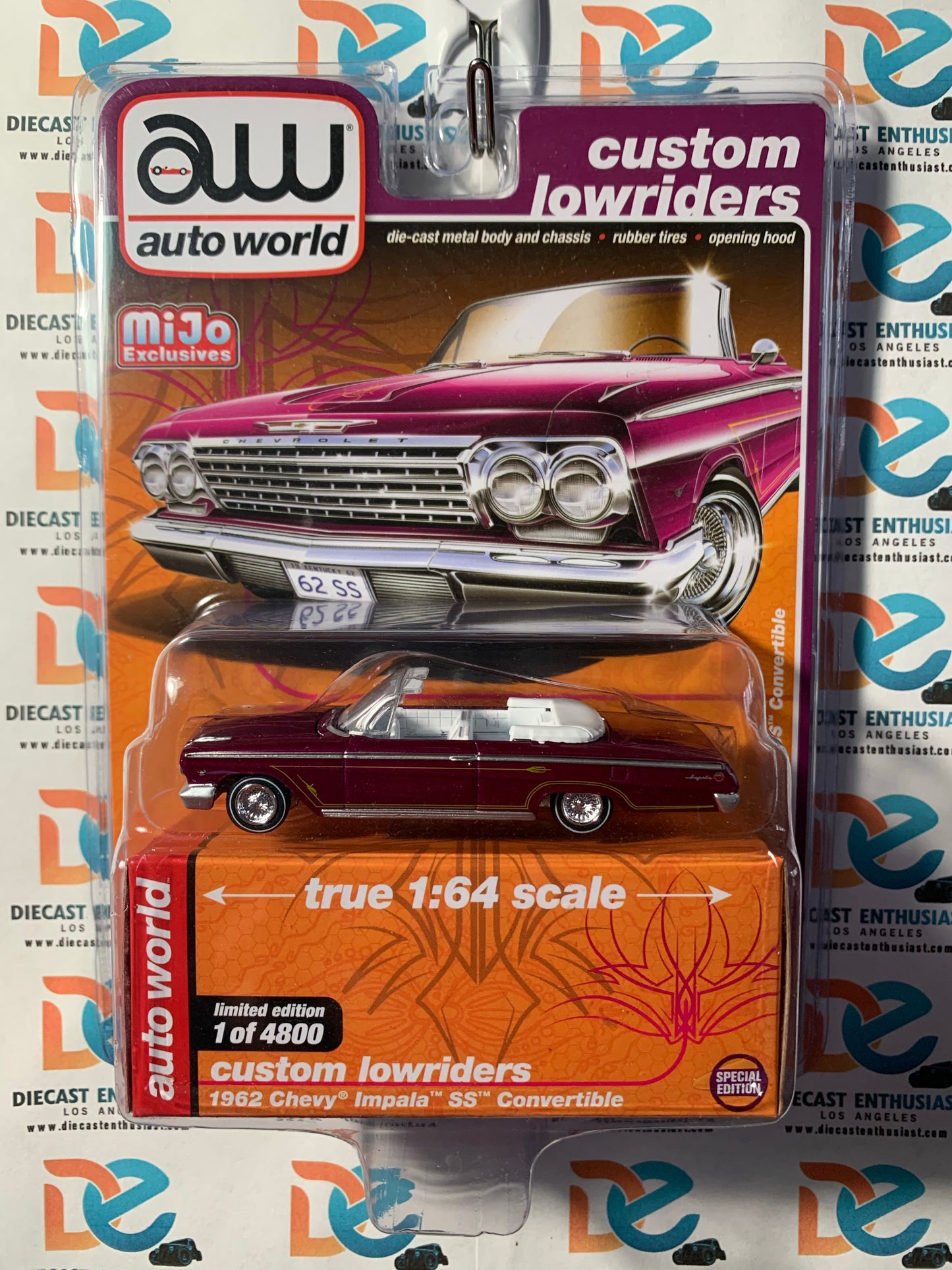 Auto World Mijo Exclusive Custom Lowriders 1962 Chevy Impala Convertible Plum 1:64