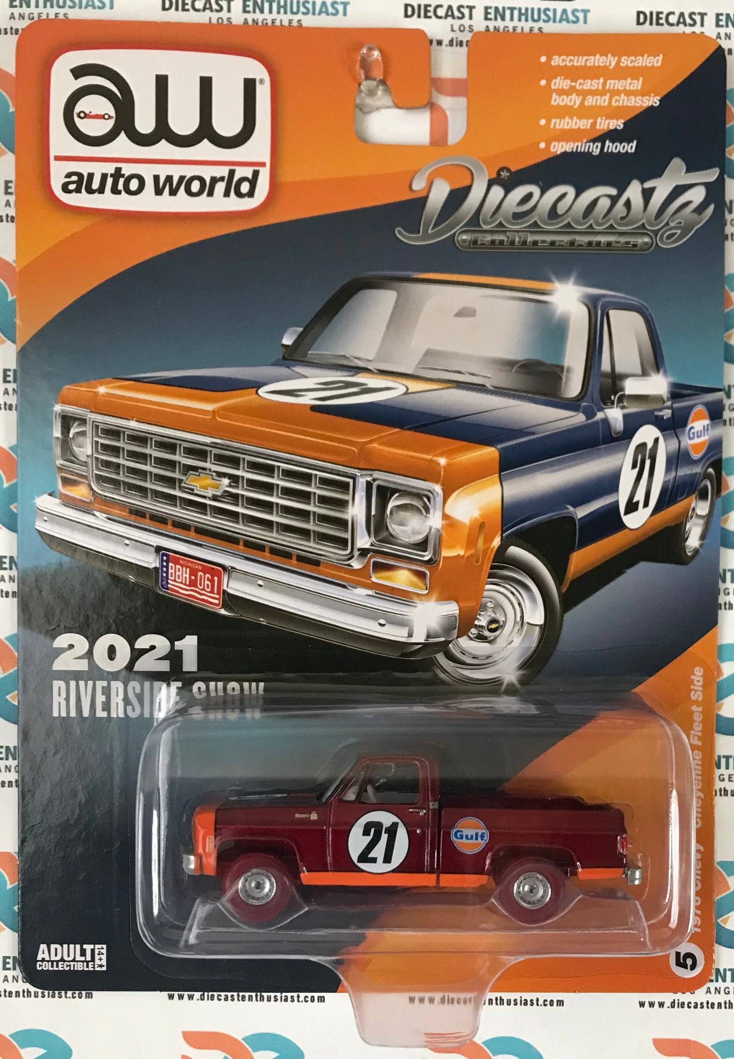 CHASE Auto World Diecastz Exclusives 2021 Riverside Show 1976 Chevy Cheyenne Fleetside Gulf Deep Blue 1:64