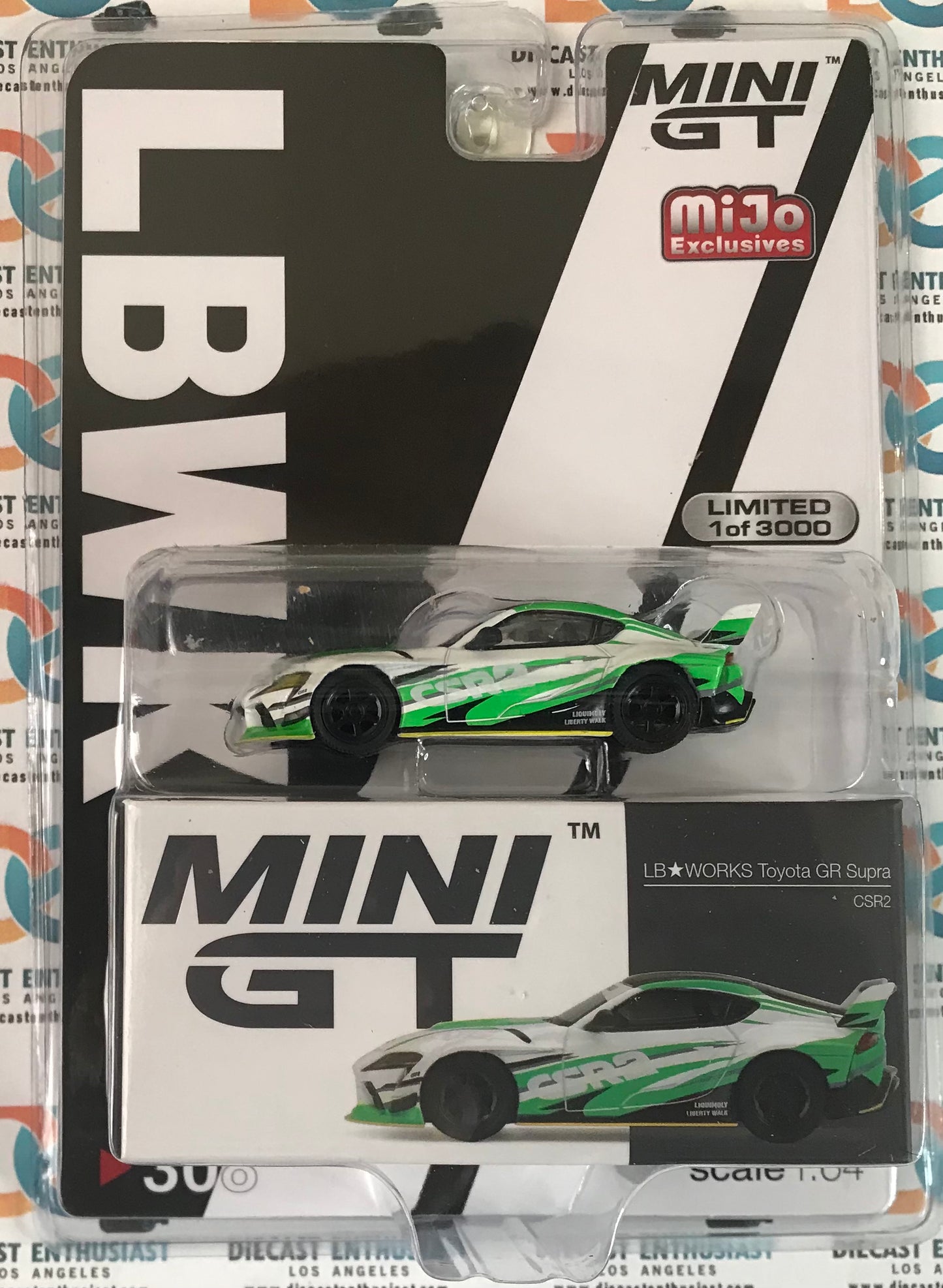 Mini GT Mijo Exclusives 308 LB WORKS Toyota GR Supra CSR2 White Green 1:64