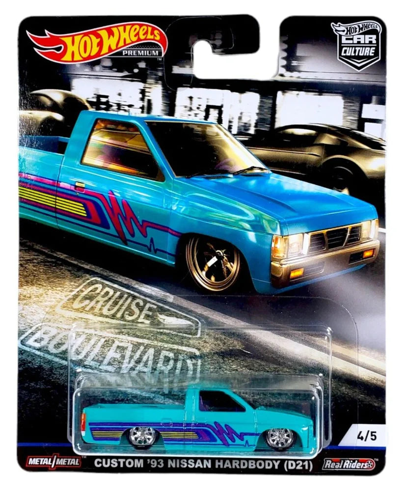 NEW LOOSE DAMAGE CARD & BUBBLE Hot Wheels Cruise Boulevard 93 Custom Nissan Hardbody D12 Blue 1:64