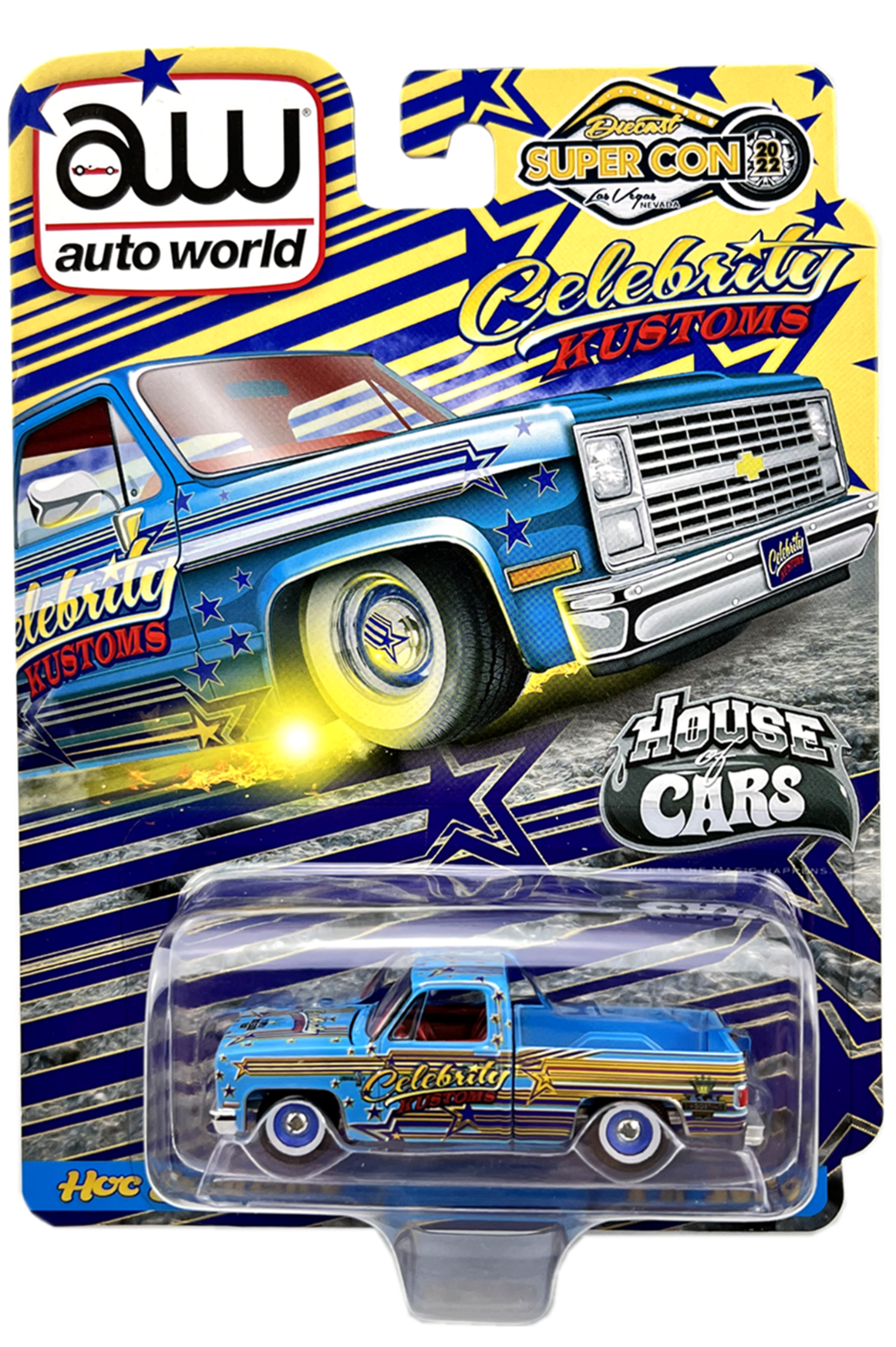 Auto World 2022 Las Vegas Supercon Exclusives 1983 Chevy Silverado Celebrity Kustoms Blue 1:64
