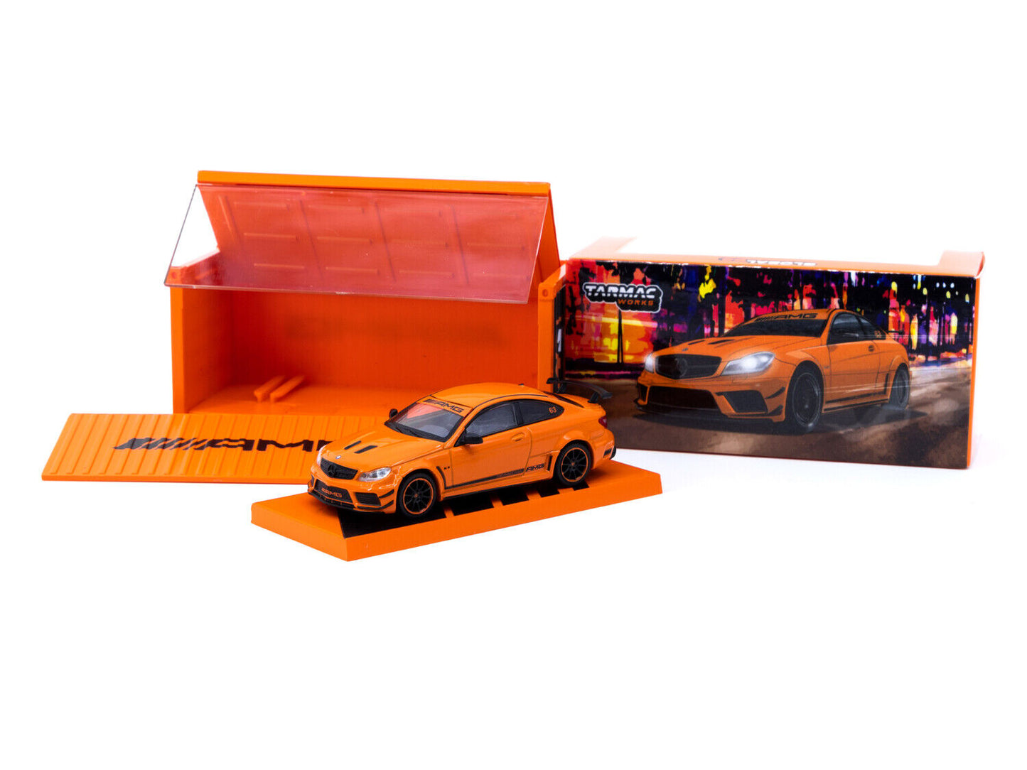 Tarmac Mercedes-Benz C63 AMG Coupé Black Series Orange with Container 1:64