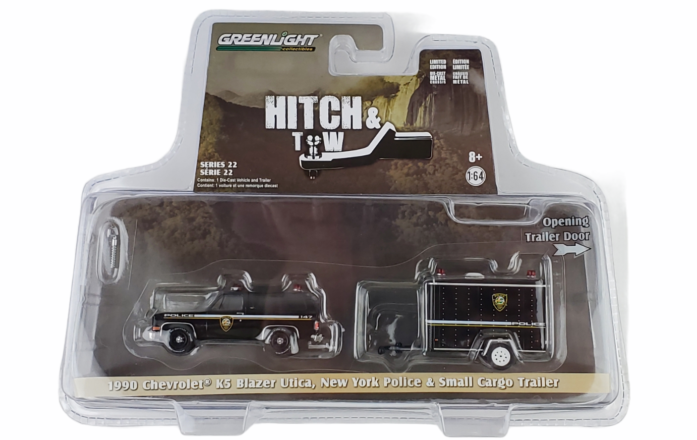 Greenlight Hitch & Tow 1990 Chevrolet K5 Blazer Utica New York Police Small Cargo Trailer Black 1:64
