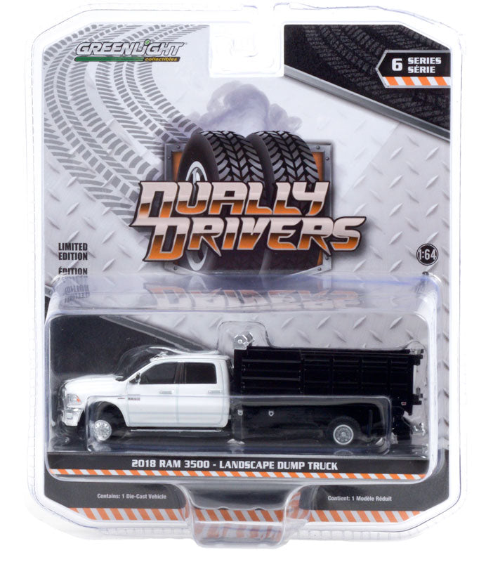 Greenlight Dually Drivers 2018 Ram 3500 Dually Landscaper Dump Truck White 1:64