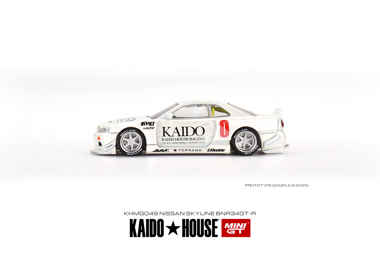 Mini GT Kaido House 049 Nissan Skyline GTR R34 Kaido Works White 1:64