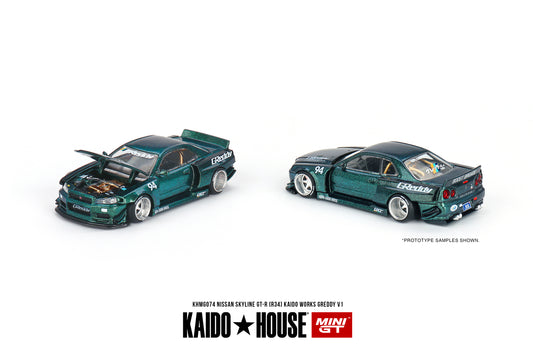Mini GT Kaido House 074 Nissan Skyline GTR R34 Kaido Works Purple Green 1:64