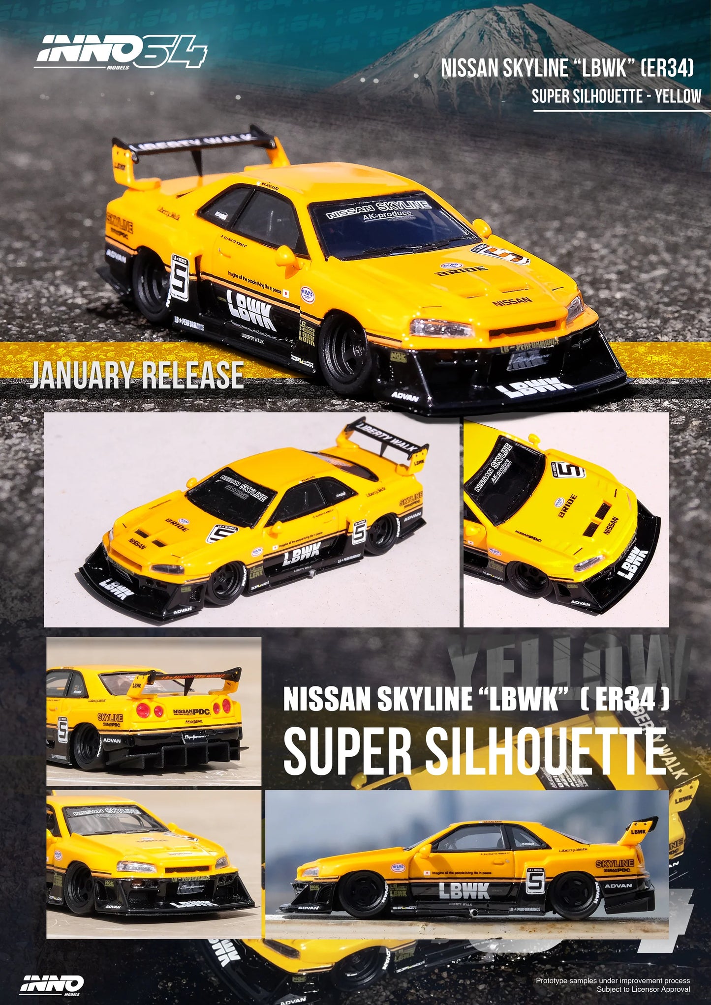 Inno64 Nissan Skyline LBWK ER34 Super Silhouette Yellow 1:64