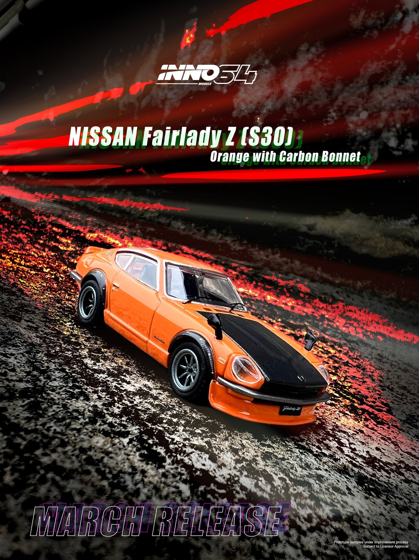 Inno64 Nissan Fairlady Z (S30) Orange With Carbon Bonnet 1:64