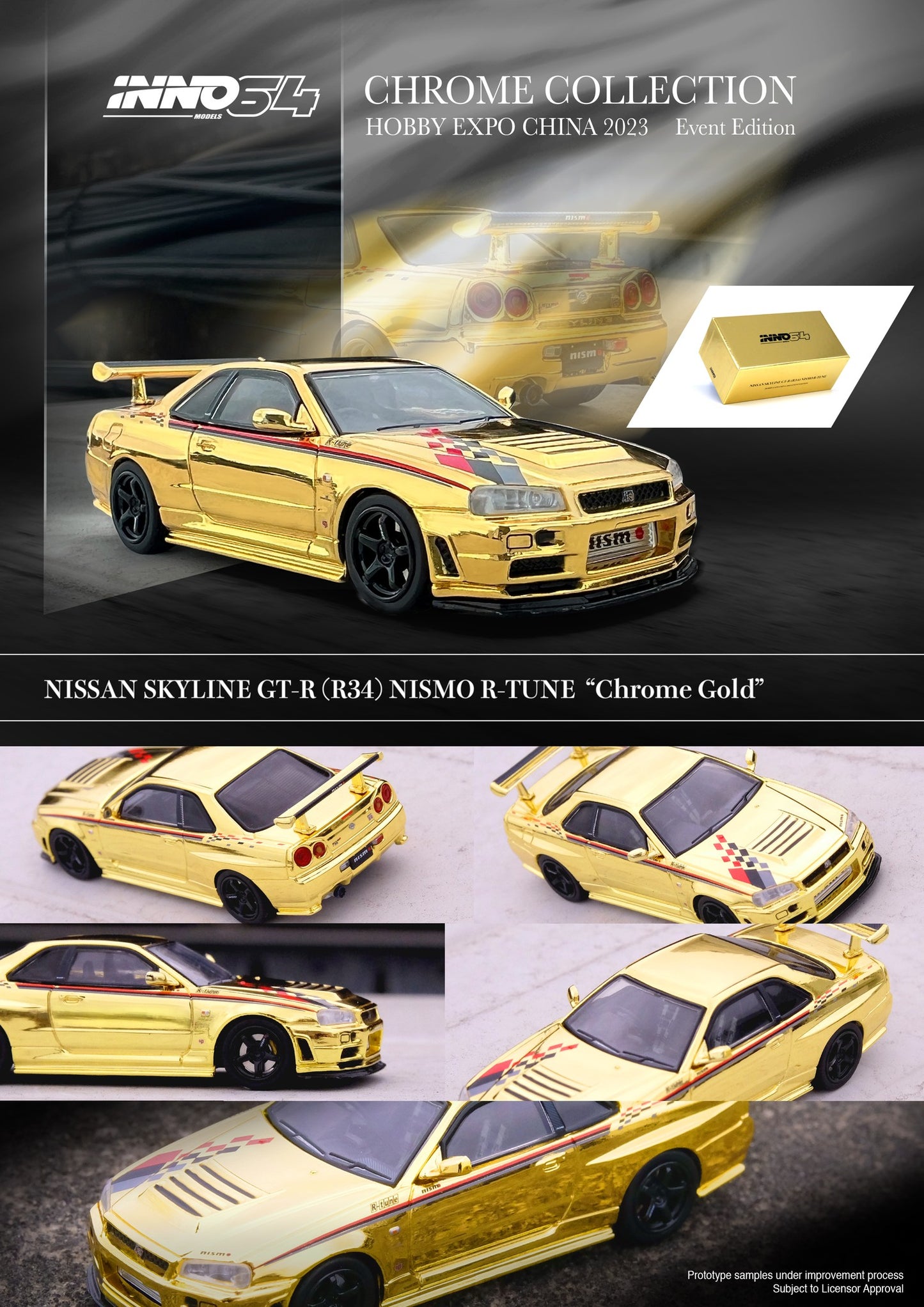 Inno64 Chrome Collection Hobby Expo China 2023 Nissan Skyline GTR R34 Nismo R Tune Chrome Gold 1:64