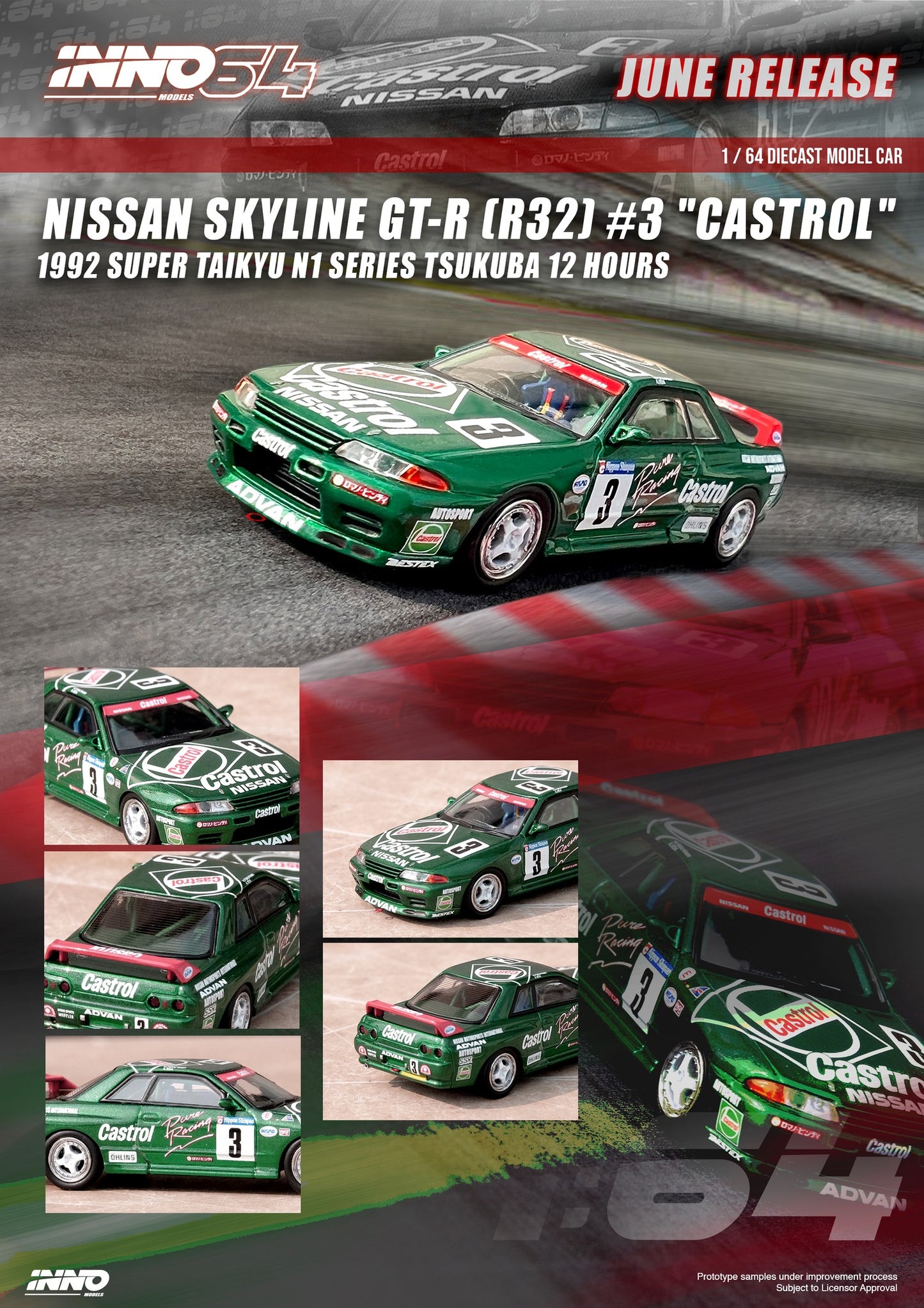 Inno64 Nissan Skyline GTR R32 #3 Castrol 1992 Super Taikyu N1 Series Tsukuba 12 Hrs Green 1:64
